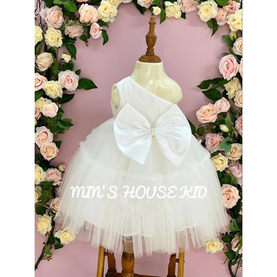 (10-20kg) Đầm xòe công chúa lệch vai đính nơ cho bé gái đi tiệc