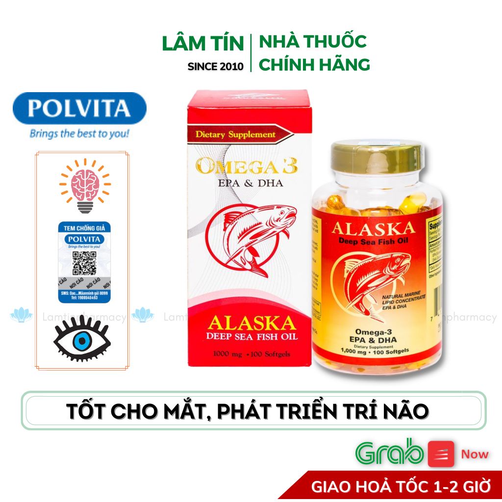 Omega 3 Alaska Tăng cường thị lực, Phát triển não bộ, giảm mỡ máu, hàng chính hãng polvital nhập khẩu usa  Lọ 100 viên