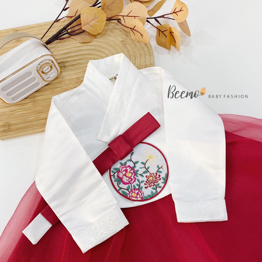Váy Hanbok cho bé gái Beemo, chất liệu gấm Hàn phối chân váy tơ và kẹp tóc tiểu thư B041