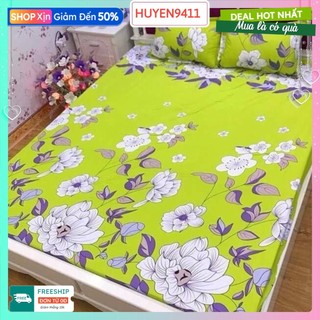 Ga Trải Giường Bo Chun 1m6x2m đệm dày 15-20cm, Vải Cotton Poly Hàn-mẫu hoa xanh cốm
