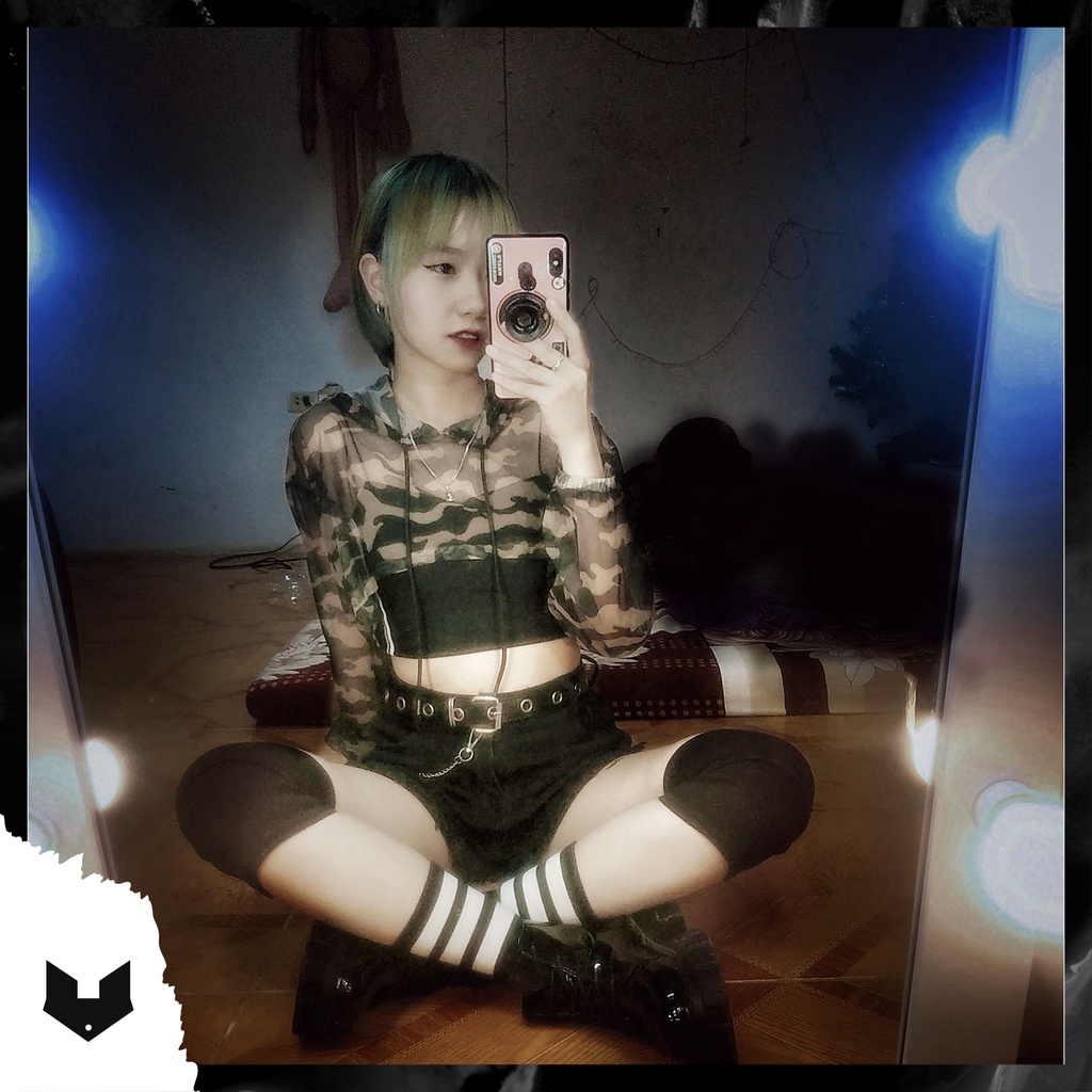ÁO CROPTOP DÀI TAY REN LƯỚI CAMO CÓ MŨ, O TẬP NHẢY DANCE