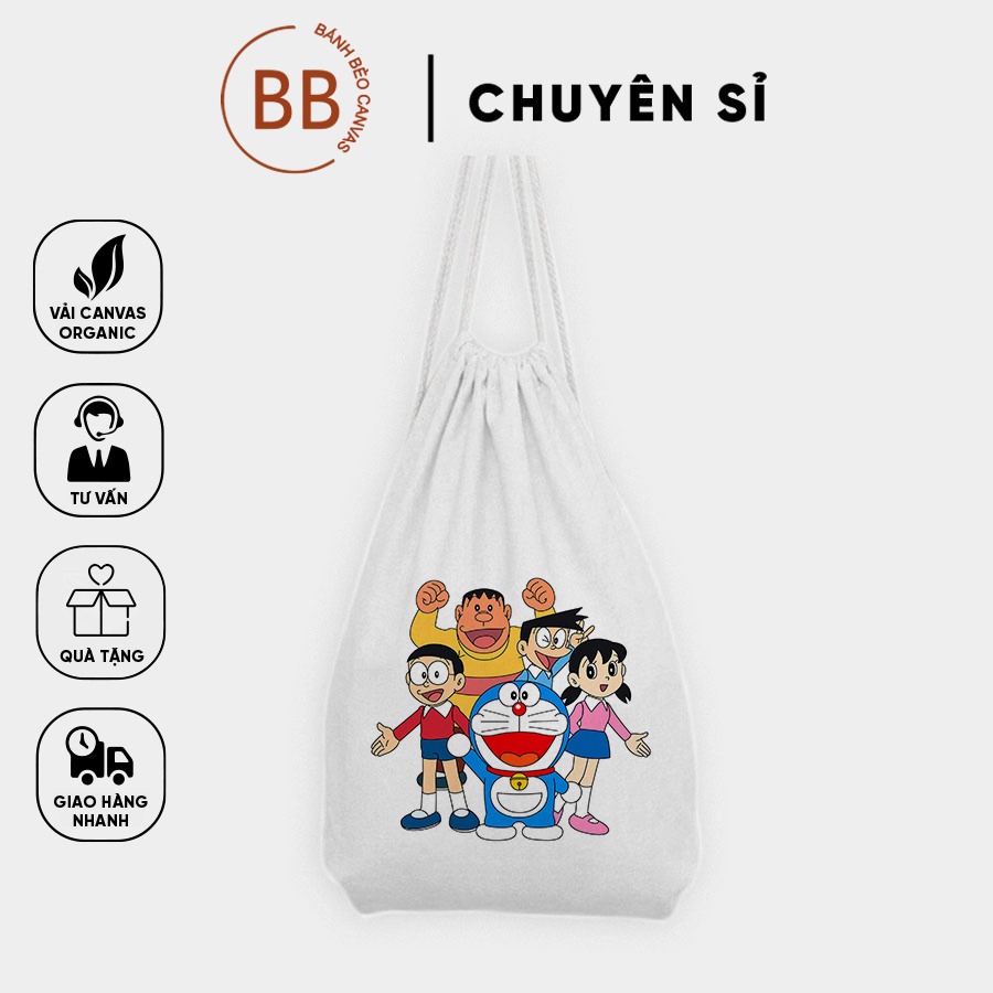 Balo dây rút vải, chất liệu vải canvas, vải bố, giá rẻ họa tiết DOREMON_MÈO MÁY Ú