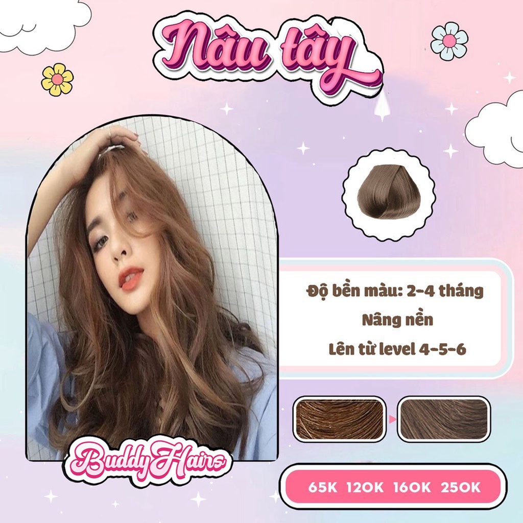Thuốc nhuộm tóc NÂU TÂY không tẩy lên từ level 5 - 6 tặng oxi Buddyhairs , Buddyhair | Thuốc nhuộm tóc màu NÂU TÂY