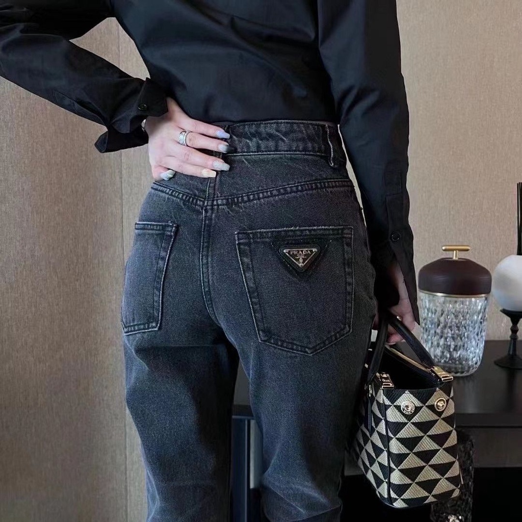 PBKJ PRADA 22 early spring new women's triangle label jeans straight pants after washing design classic triangle label logo
