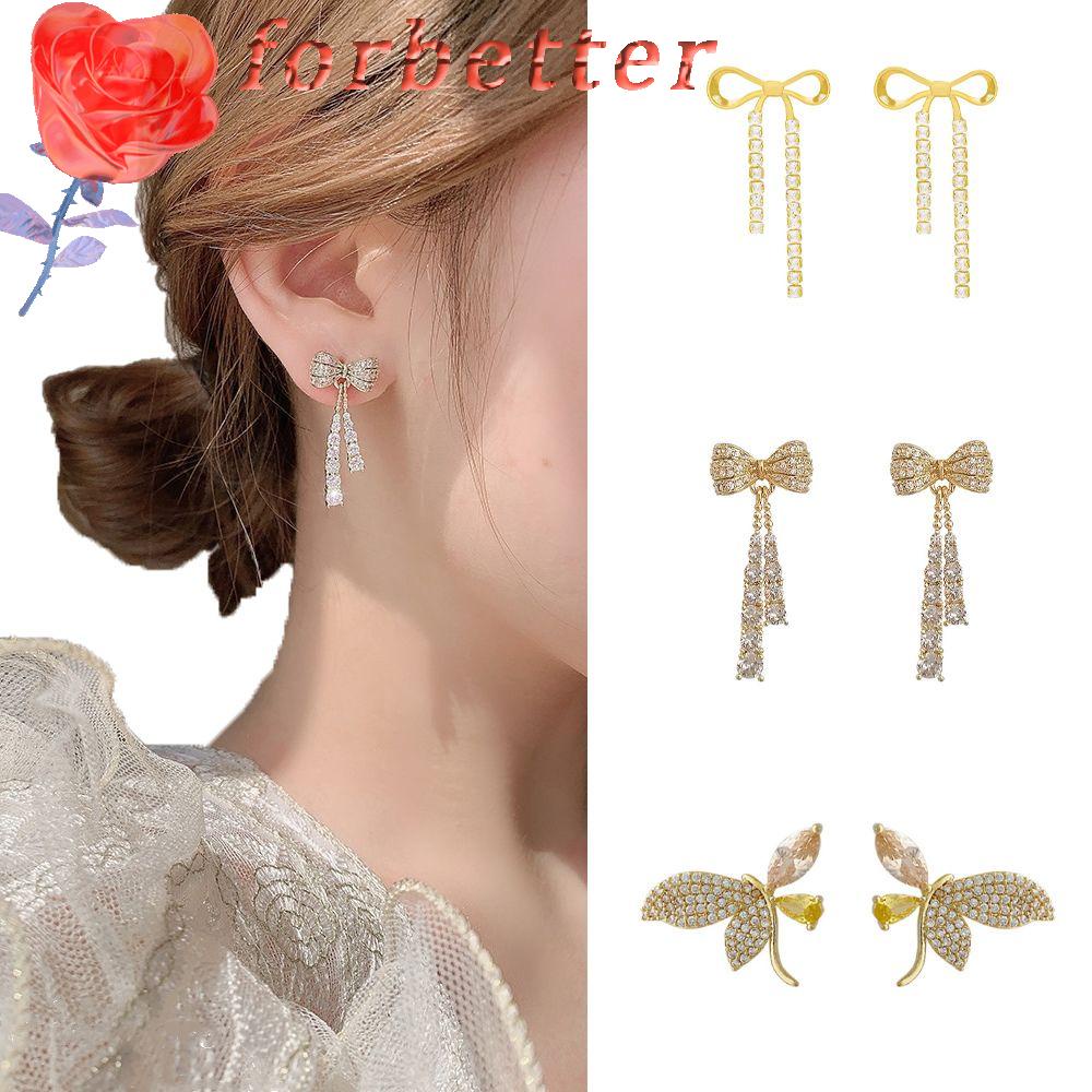 Đôi Khuyên Tai Dáng Dài Trang Trí Nơ Đính Đá Xinh Xắn Cho Nữ