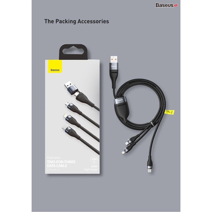Cáp sạc nhanh 3 đầu Baseus Flash Series 3 in1 Plus (USB+ Type C to Micro+Lightning + Type C, 100W Quick Charge and Data