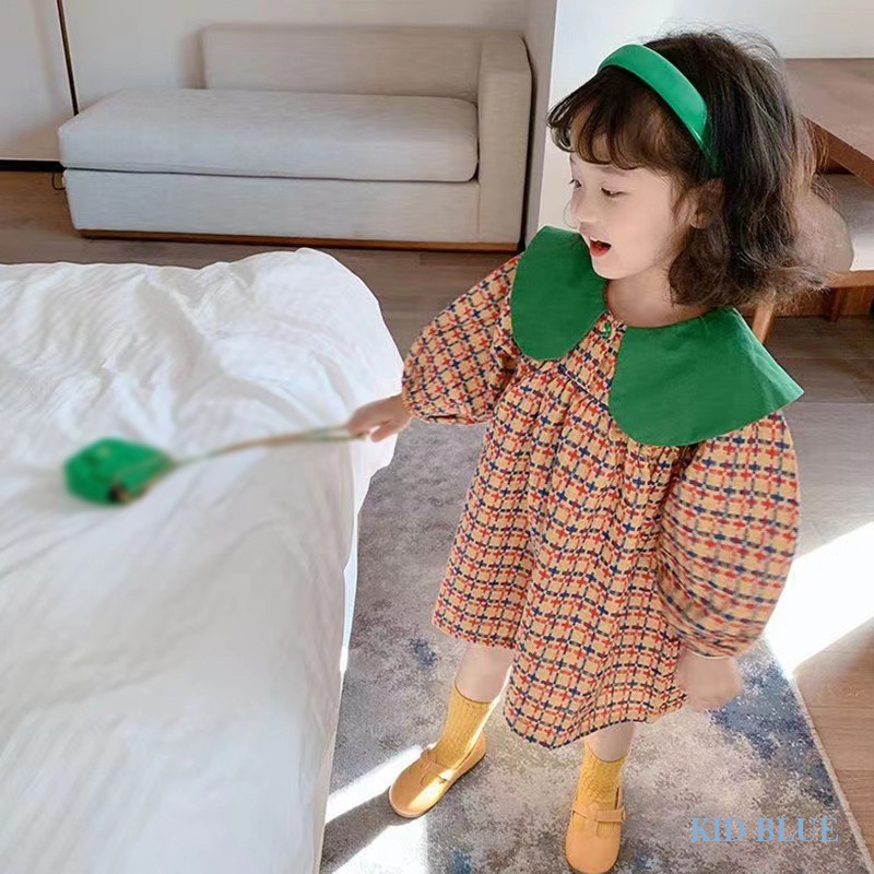 Đầm Công Chúa Dáng Suông Tay Phồng Kẻ Sọc Caro Nhiều Màu Cổ Điển Thời Trang Xuân Thu Phong Cách Hàn Quốc Cho Bé Gái