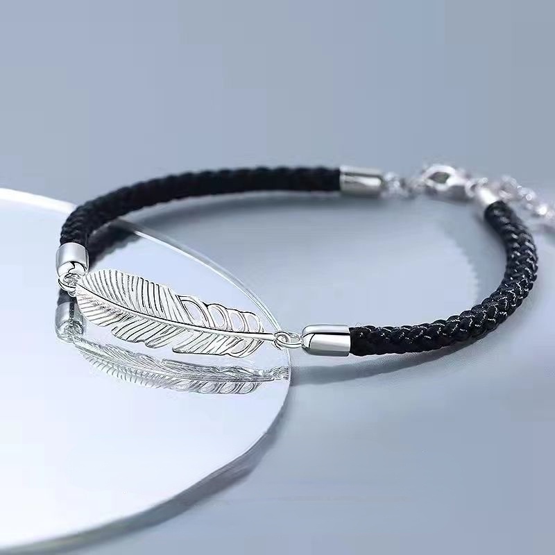 Vòng Tay Dây Bện Phối Mặt Hình Lông Vũ Mạ Bạc 925 Thời Trang Cho Cặp Đôi