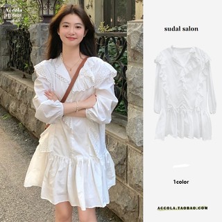 Kumivn váy babydoll trắng tay bo chun phối bèo