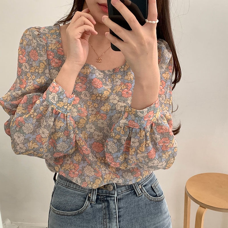 Linki ☼ Áo Sơ Mi Tay Dài Cổ Vuông Dáng Rộng In Hoa Kiểu vintage Xinh Xắn