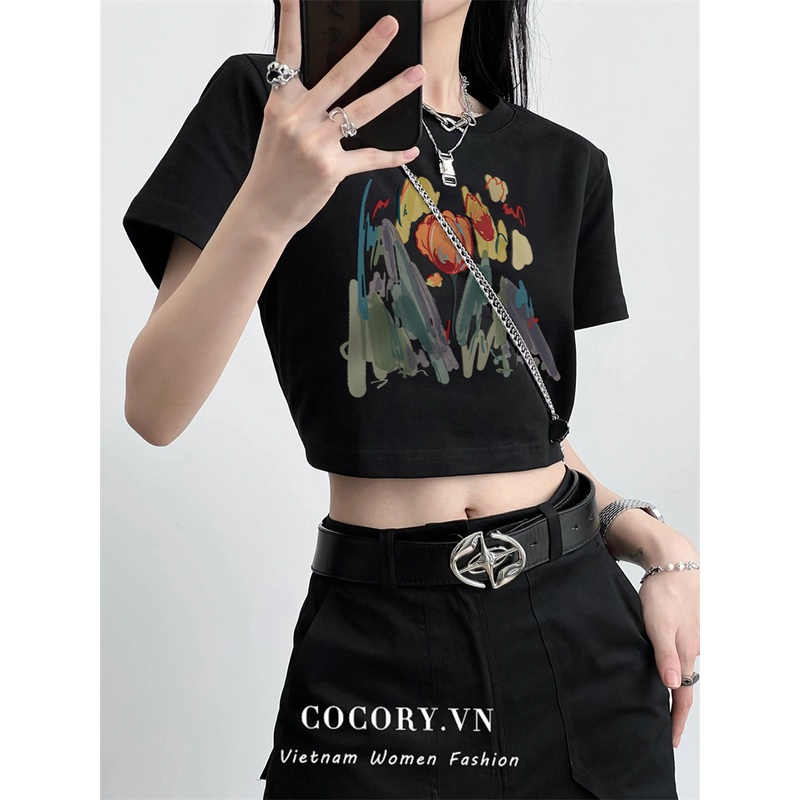 Cocory vn Áo Croptop Tay Ngắn Cổ Tròn Dáng Rộng In Chữ Thời Trang Cá Tính Cho Nữ