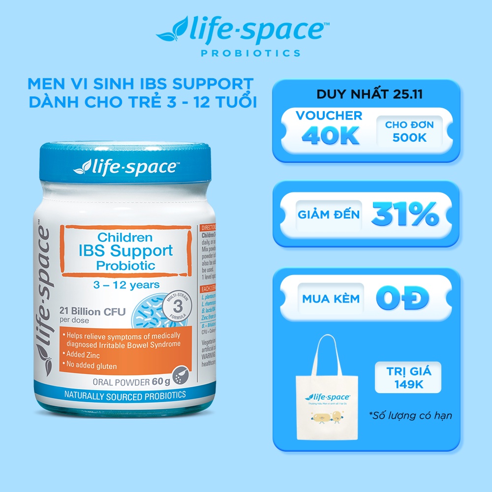 Tặng túi vải 149k - Men vi sinh Life Space Childrens IBS Support giảm kích thích đường ruột cho trẻ em 3 - 12 tuổi 60g