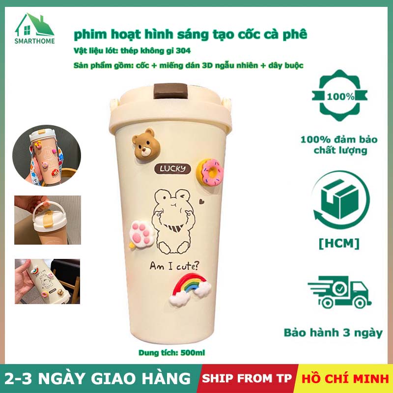 Ly giữ nhiệt cute dễ thương có ống hút, Cốc giữ nhiệt cầm tay tặng kèm Sticker + Dây dung tích 500ml