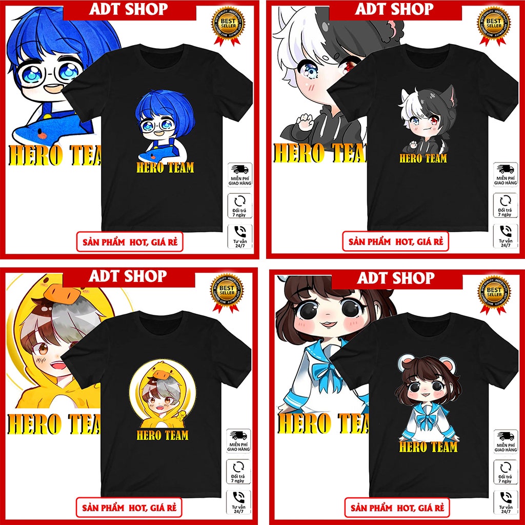 BST Hero Team 1 | Áo thun in hình các thành viên | Mister Vịt, Mèo Simmy, Phong Cận TV, Siro ADT