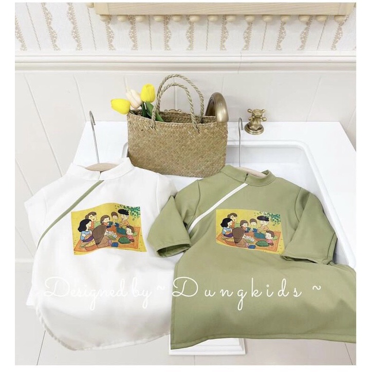 Áo dài cách tân chất nhung lì mềm 4 màu in hình Tết cực đẹp cho bé Namkidshop