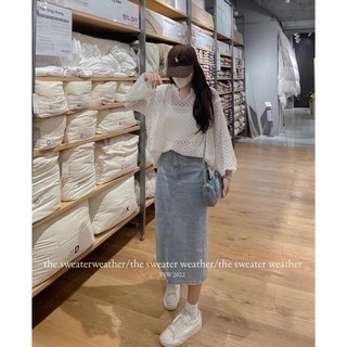 Chân váy jean dài basic xẻ sau có túi 2 size SM Pumi
