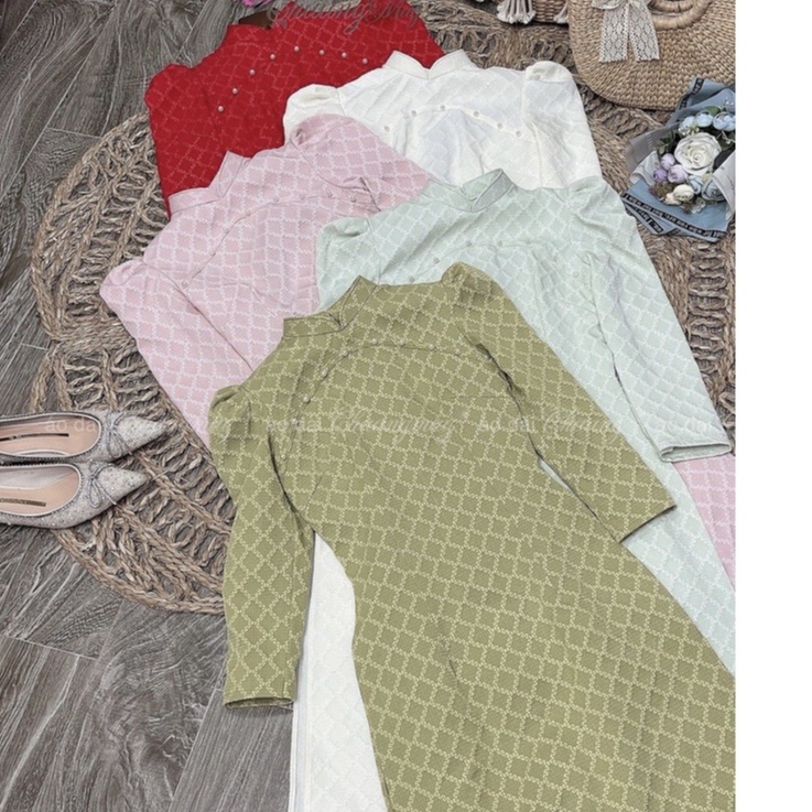 Áo dài cách tân nữ hoàng gấm xốp caro may sẵn tay vai bồng thêu đính ngọc dự tiệc lễ tết đẹp