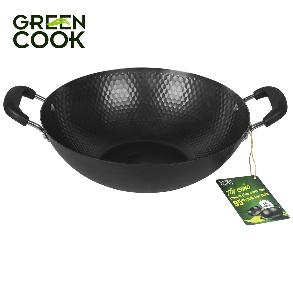 Chảo xào thép sâu lòng vân kim cương Green Cook GCW02 chống dính tự nhiên dùng được trên tất cả các loại