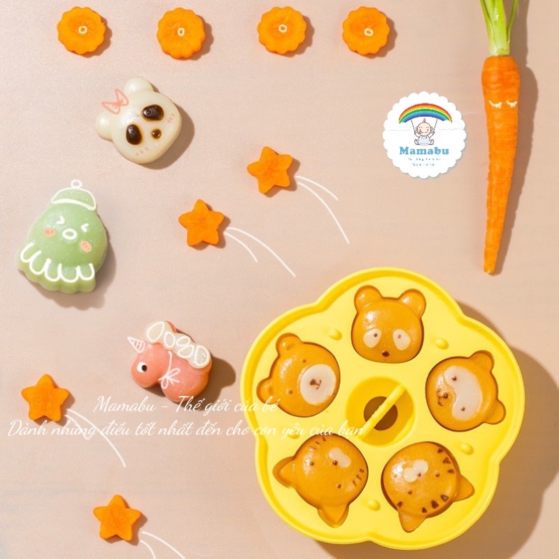 Khuôn Silicon Tròn Làm Bánh Flan, Thạch Pudding, Khuôn Hấp Bánh, Nướng Bánh Có Nắp Đậy Hình Con Vật Dễ Thương Mamabu