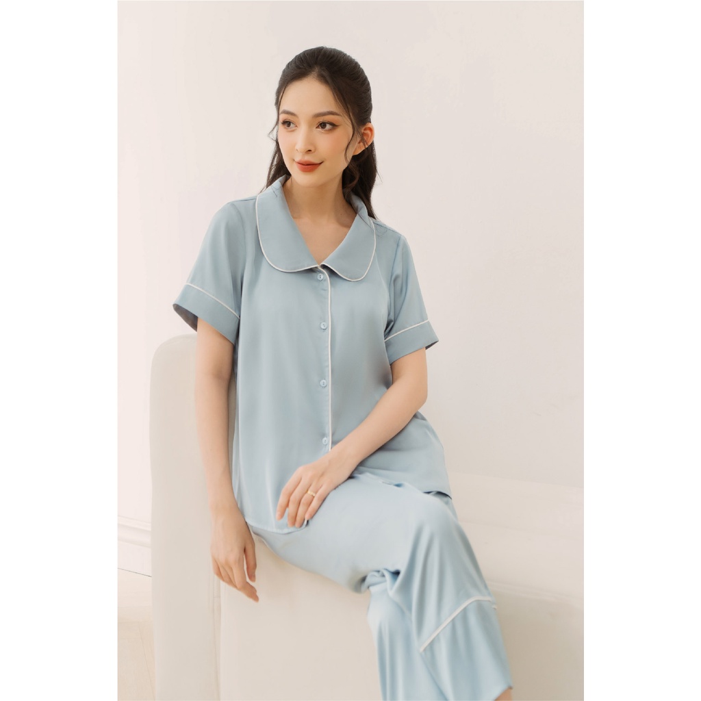 Bộ Pijama Lụa Xanh Cổ Sen Tròn Basic LPN26