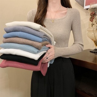 Áo len tăm trơn co dãn tay dài cổ vuông ulzzang basic