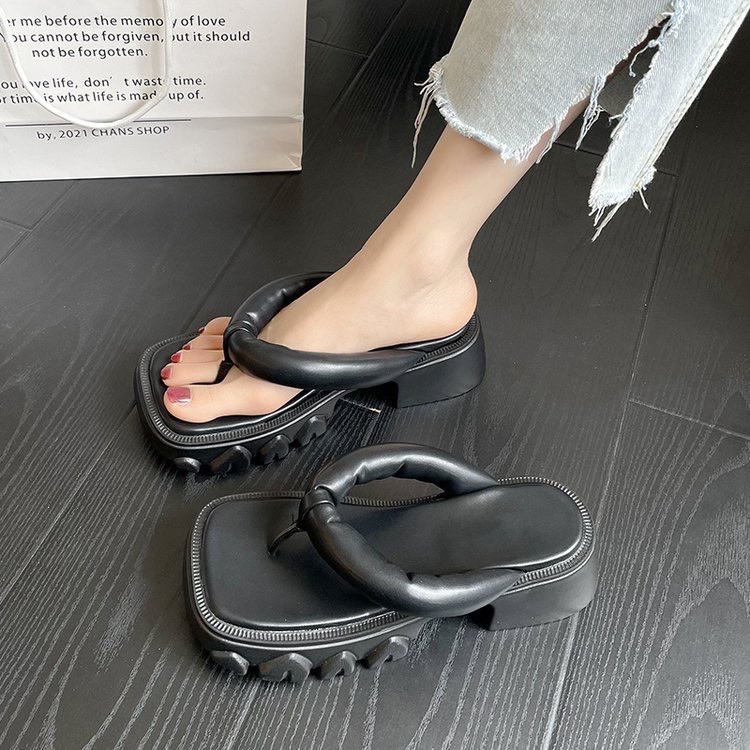 Dép xỏ ngón nữ mũi vuông đế dày cao 3-5cm da mềm phong cách Nhật Bản - Génial Shoes