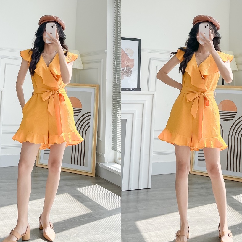 Jumpsuit nữ vải xô thắt nơ siêu tôn dáng