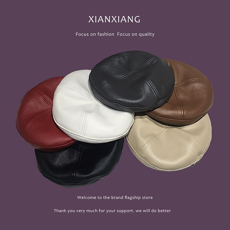 Mũ Beret Da pu Phối Dây Xích Phong Cách Thời Trang Retro Nhật Bản