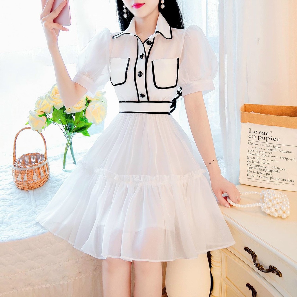 Đầm nữ thời trang mặc đi chơi chất voan chifon 2 lớp cổ sơmi cài nút túi trước chạy viền đen tay ngắn váy xoè xếp ly