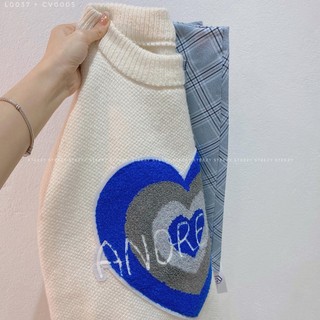 Áo len in hình trái tim xanh form rộng