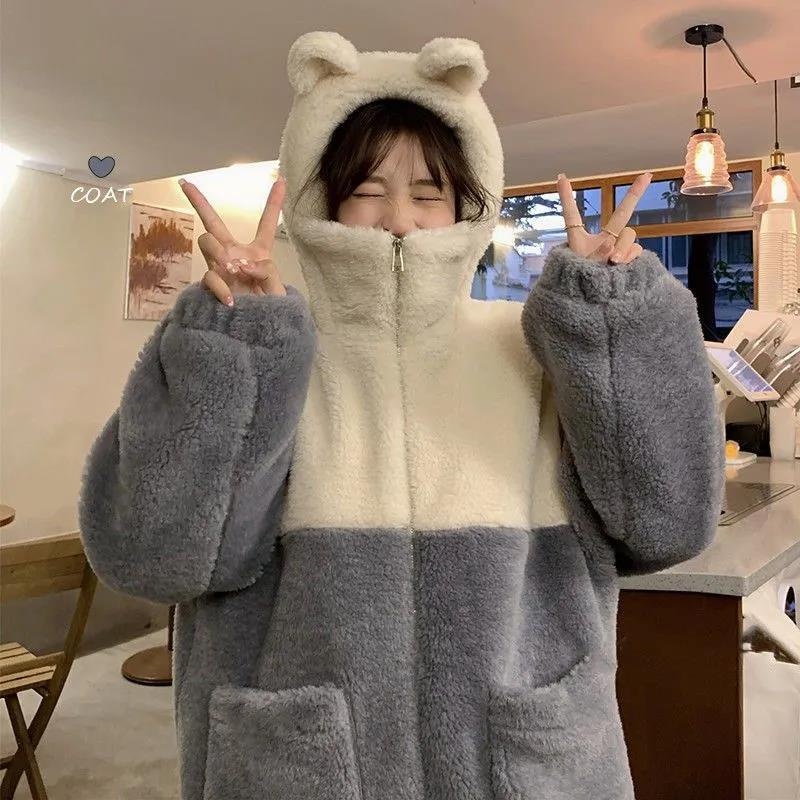 Áo Khoác Lông Cừu Dày Dặn Ấm Áp Có Nón Tai Gấu Dễ Thương size s-2xl Dành Cho Nữ