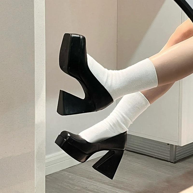 Giày Cao Gót Mũi Vuông Màu Đen Phong Cách Âu Mỹ Thời Trang 2022 Cho Nữ