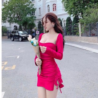 Đầm tay dài cổ vuông rút dây 2 bên cực hót chất gân mềm mịn ảnh thật