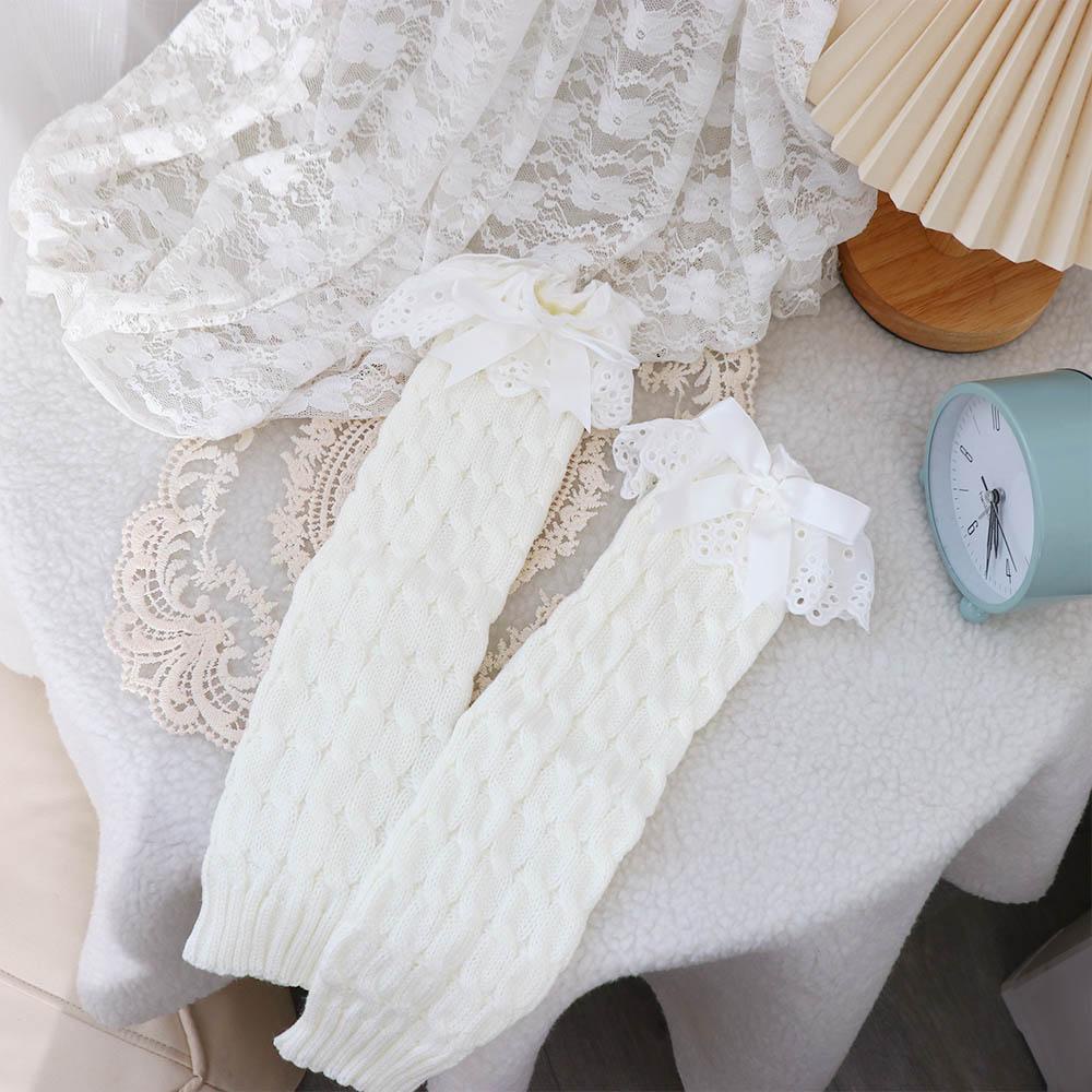 Vỏ Bọc Ống Chân Màu Trơn Giữ Ấm Mùa Thu Đông Phối Ren Đính Nơ Cho Nữ