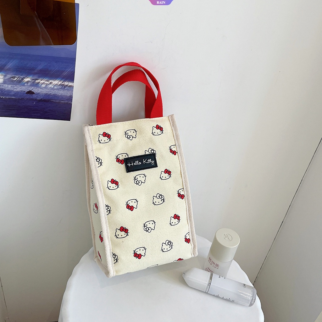 Túi Xách Vải Canvas In Hình Sanrio Hello Kitty Đựng Ly Nước Trái Tim Đồ Ăn Vặt Cho Nữ