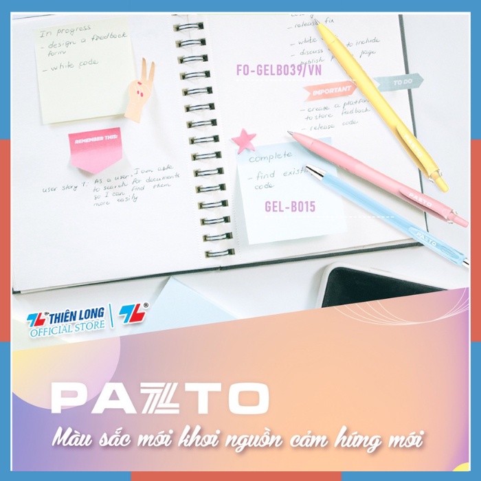 Bút gel bi Pazto Thiên Long mực xanh, nét 0.5 màu cán pastel, ngòi trơn đều mực GelB 015