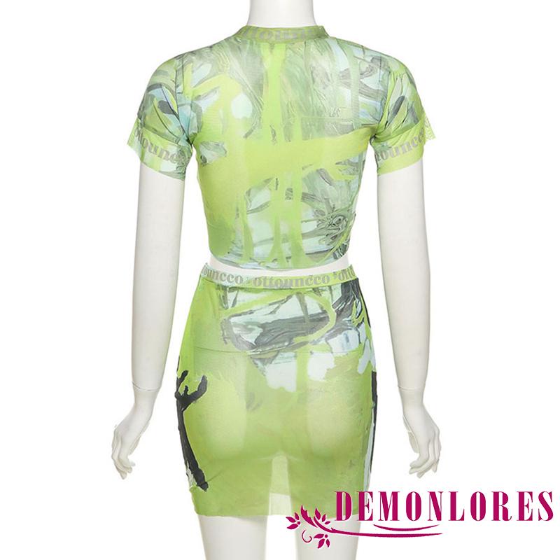 Bộ Áo Croptop Ngắn Tay + Chân Váy Ôm Mini 2 Mảnh In Họa Tiết Graffiti Thời Trang Mùa Hè Cho Nữ