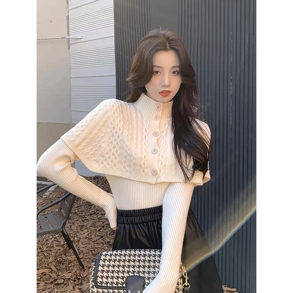 Set áo choàng len và áo len cổ tim body hàng quảng châu GNCM