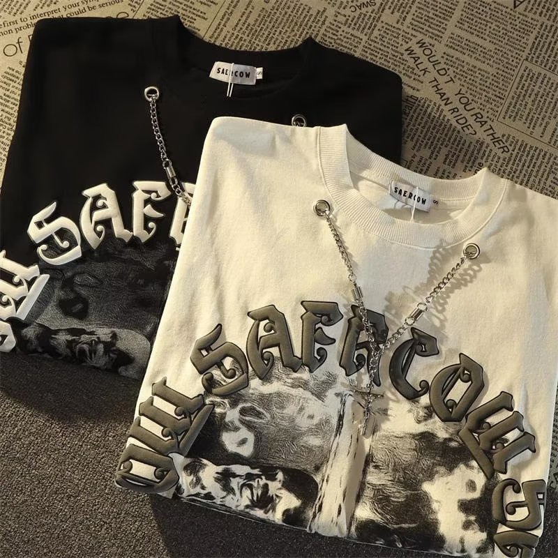 Áo Thun Tay Dài Dáng Rộng In Chữ Thập Phong Cách Âu Mỹ Thời Trang Cho Nam