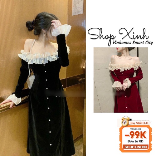 Váy đầm thiết kế trễ vai dáng dài chất nhung hàng Quảng châu cao cấp, Váy nhung tk bèo vai dáng bệt vai hoặc trễ cổ