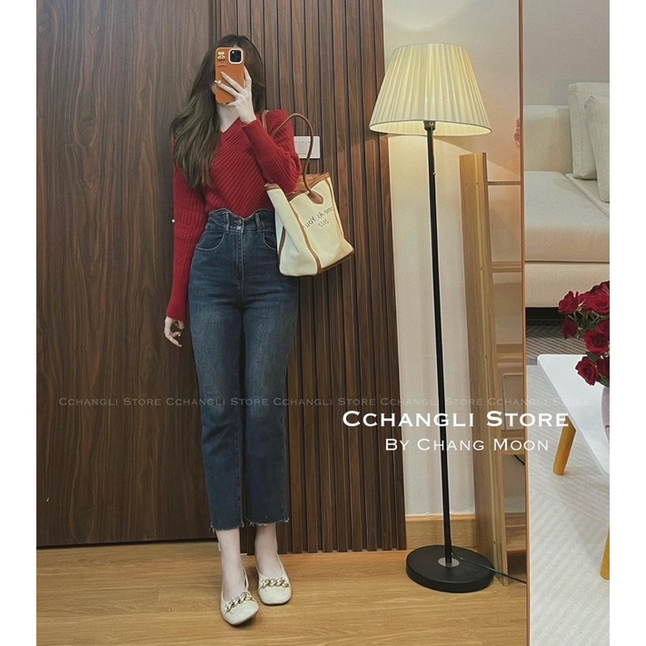 Quần giãn jeans 2 khuy cạp V cắt gấu #077