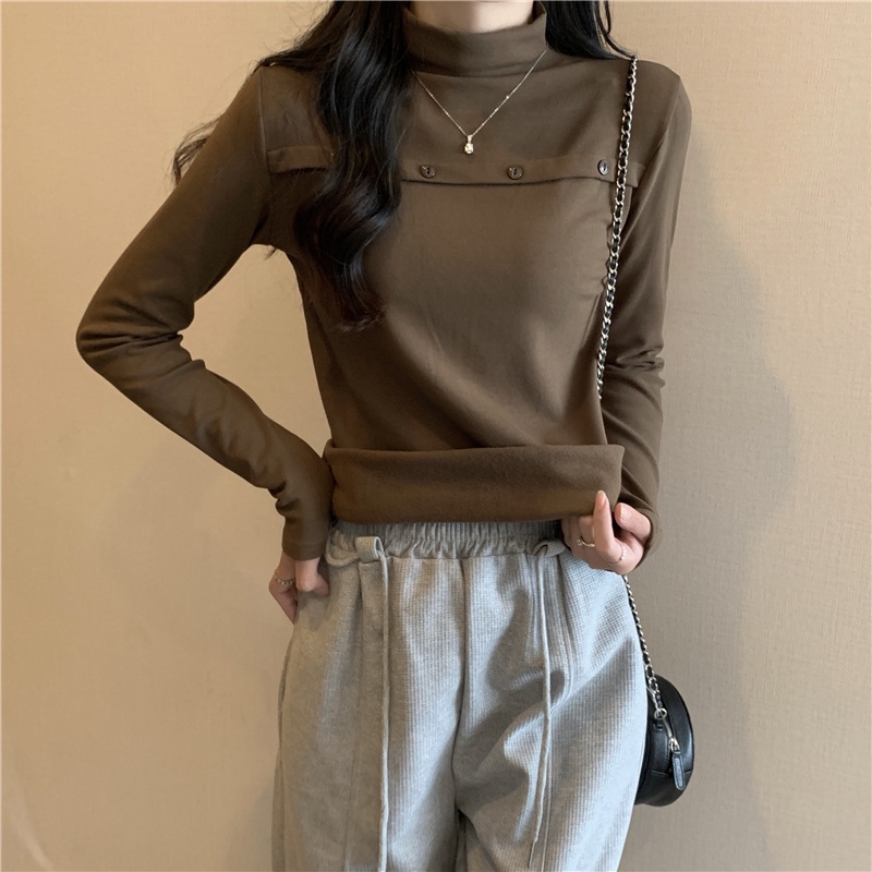 Áo Thun Nữ Dài Tay Cổ Cao Cài Nút Thời Trang Thu Đông Mới