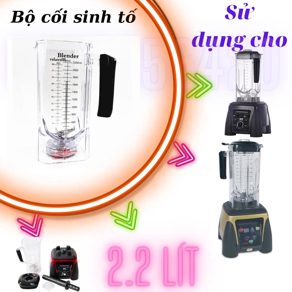 Bộ ly, cối xay, ca nhựa máy sinh tố công nghiệp bằng nhựa cực dầy, dung tích xay 2L2, dao inox 6 lưỡi, xay đá, rau má