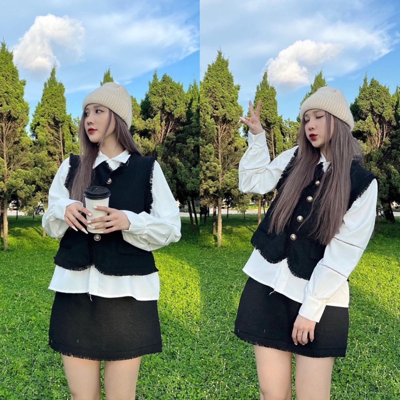 Set Dạ Tweed 3 Món Áo Sơ Mi Trắng Kèm Áo Gile Chân Váy Tweed Tua Rua  Áo Gile Dạ Tua Rua