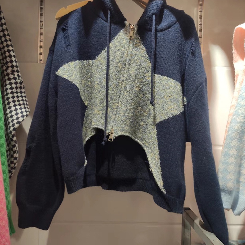 Áo Khoác cardigan Có Nón Họa Tiết Ngôi Sao Màu Sắc Tương Phản Thời Trang Cho Nữ