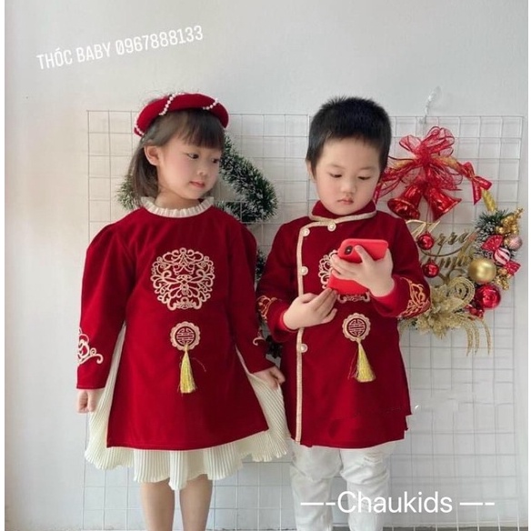 Set Áo Dài Tết Cách Tân Cho Bé Trai Bé Gái WOWKIDS Chất Nhung Lì Thêu Phượng Cho Bé Từ 8 - 28kg