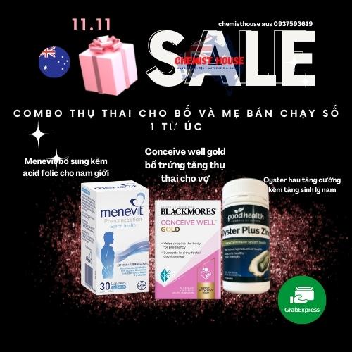 Combo Thụ Thai 3 món (Menevit + Hàu Oyster Plus + Blackmores Conceive Well Gold) HSD 2022,2023