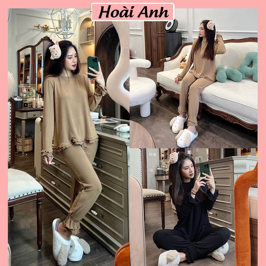 Set Bộ Đồ Nữ Áo Thun Nữ Dài Tay Viền Bèo Mix Quần Cạp Chun Viền Bèo Freesize