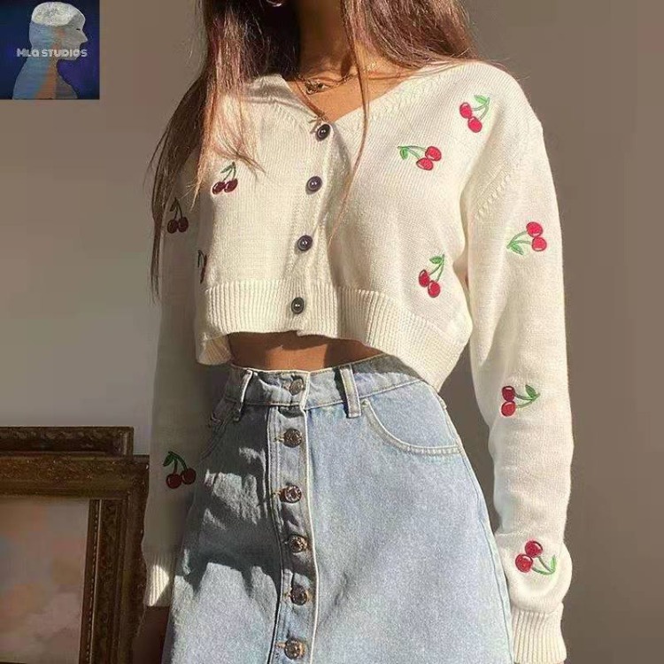 Áo Khoác Cardigan Dệt Kim Dáng Ngắn Tay Dài Màu Hồng Cherry Dễ Thương Thời Trang 2021 Cho Bạn Gái