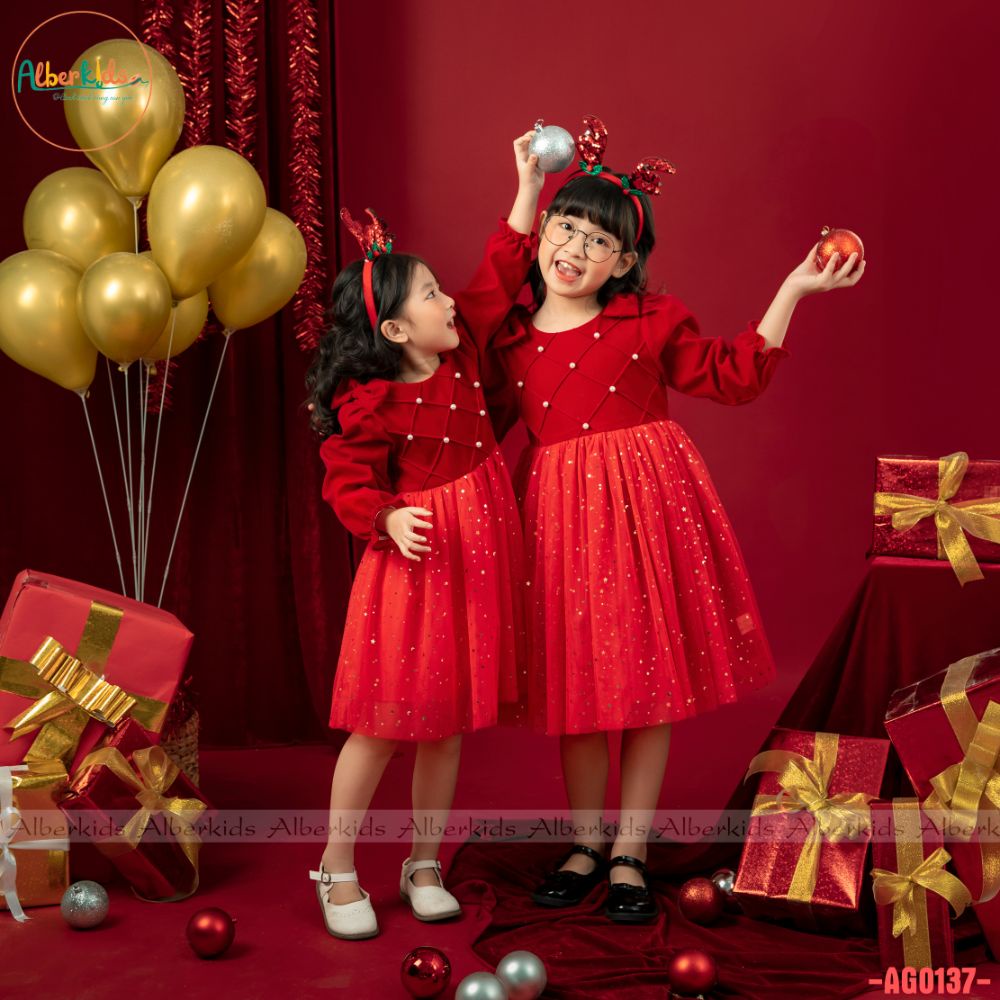Váy bé gái ALBERKIDS công chúa đỏ đính ngọc chéo phối lưới xinh đẹp cho trẻ em 2,3,4,5,6,7,8,9,10,11,12 tuổi [AG0137]
